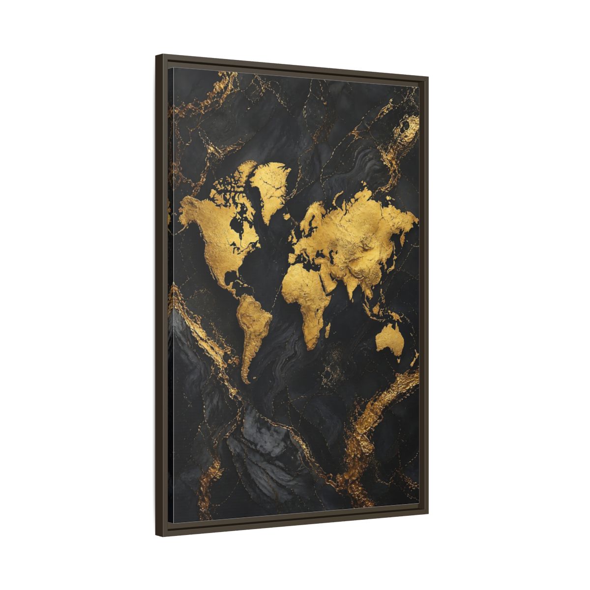 Main Mockup. Maps World Map Gold And Black Map shown as stretched canvas wall art