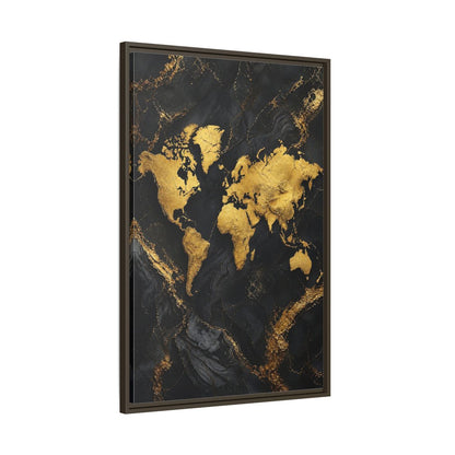 Main Mockup. Maps World Map Gold And Black Map shown as stretched canvas wall art