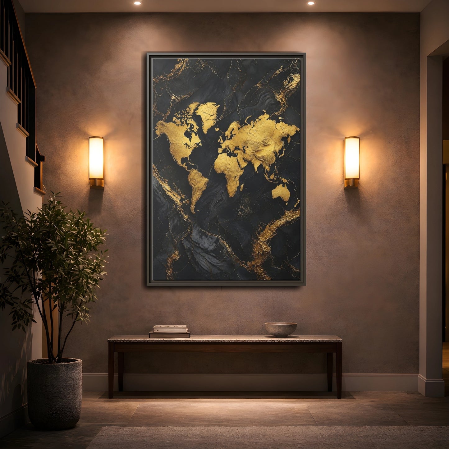 Mockup 2. Maps World Map Gold And Black Map shown as stretched canvas wall art