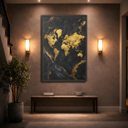 Mockup 2. Maps World Map Gold And Black Map shown as stretched canvas wall art
