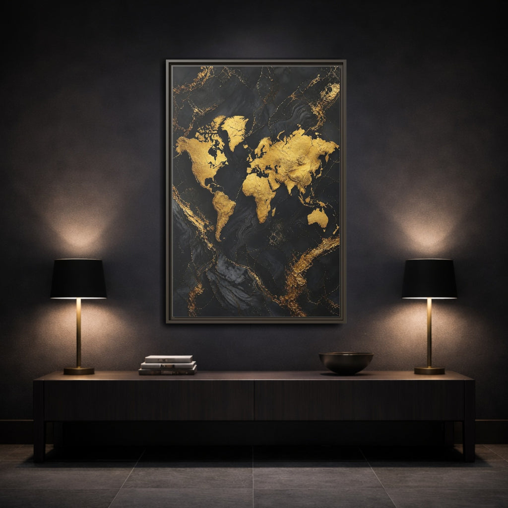 Mockup 3. Maps World Map Gold And Black Map shown as stretched canvas wall art