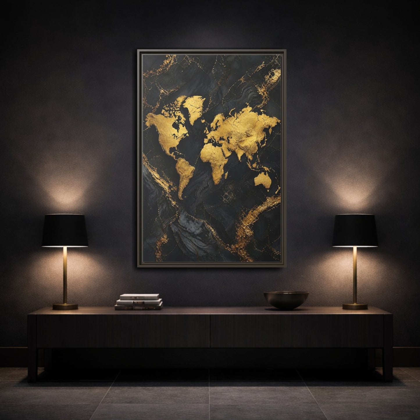 Mockup 3. Maps World Map Gold And Black Map shown as stretched canvas wall art