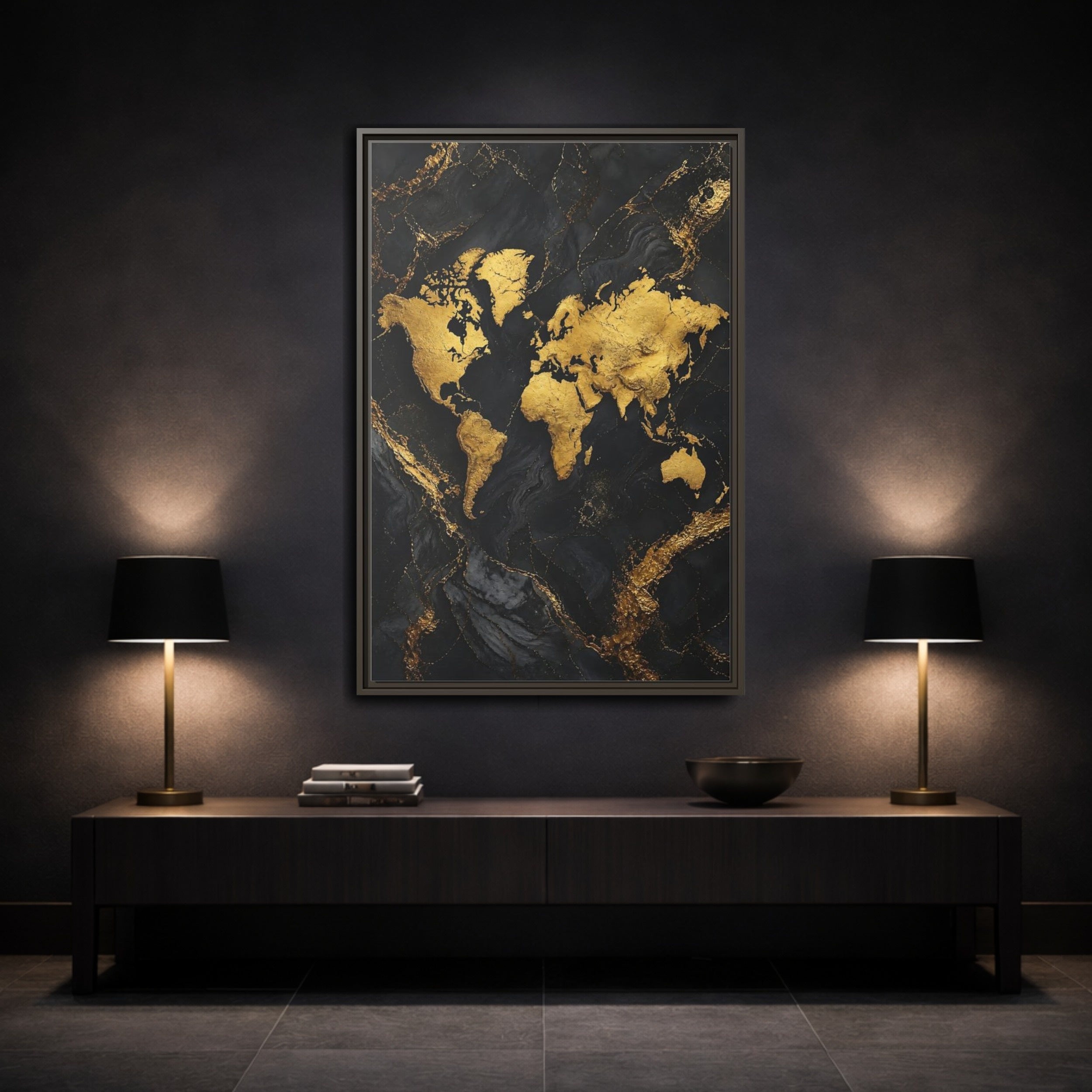 Mockup 3. Maps World Map Gold And Black Map shown as stretched canvas wall art