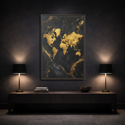 Mockup 3. Maps World Map Gold And Black Map shown as stretched canvas wall art