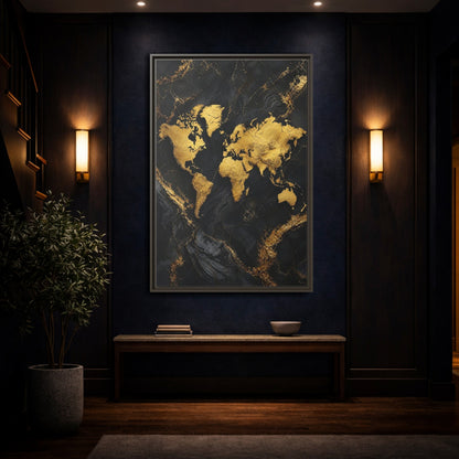 Mockup 4. Maps World Map Gold And Black Map shown as stretched canvas wall art