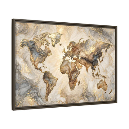 Main Mockup. Maps World Map Gold And Gray Map shown as stretched canvas wall art