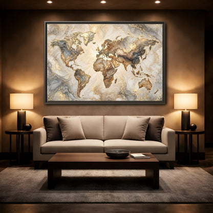 Mockup 2. Maps World Map Gold And Gray Map shown as stretched canvas wall art