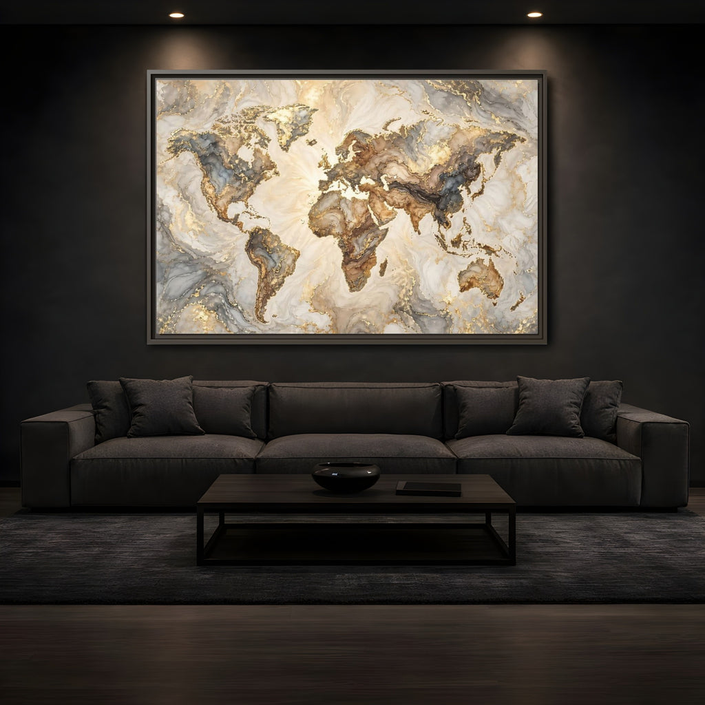 Mockup 3. Maps World Map Gold And Gray Map shown as stretched canvas wall art