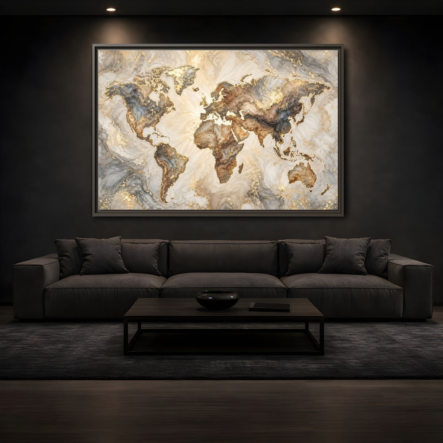 Mockup 3. Maps World Map Gold And Gray Map shown as stretched canvas wall art