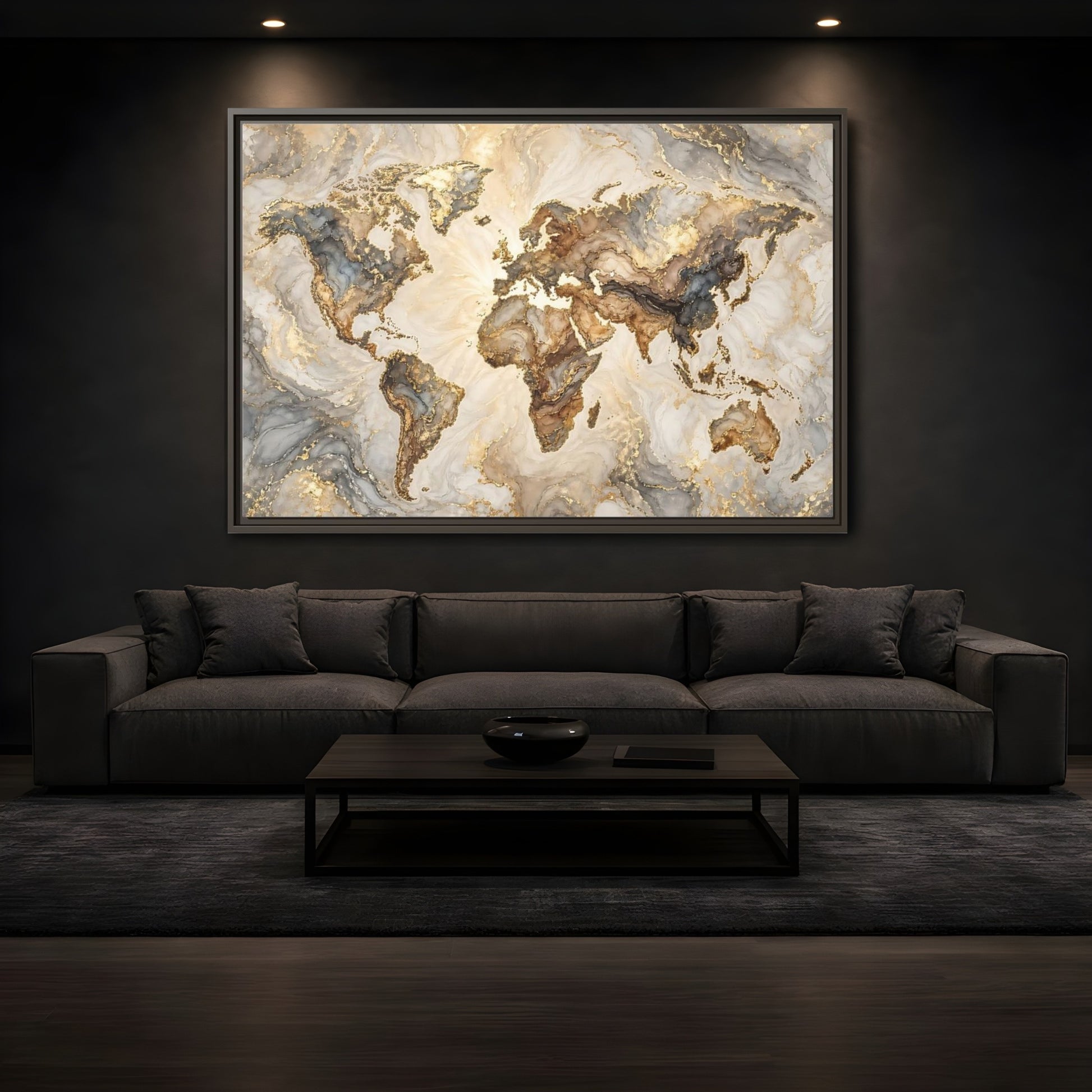 Mockup 3. Maps World Map Gold And Gray Map shown as stretched canvas wall art