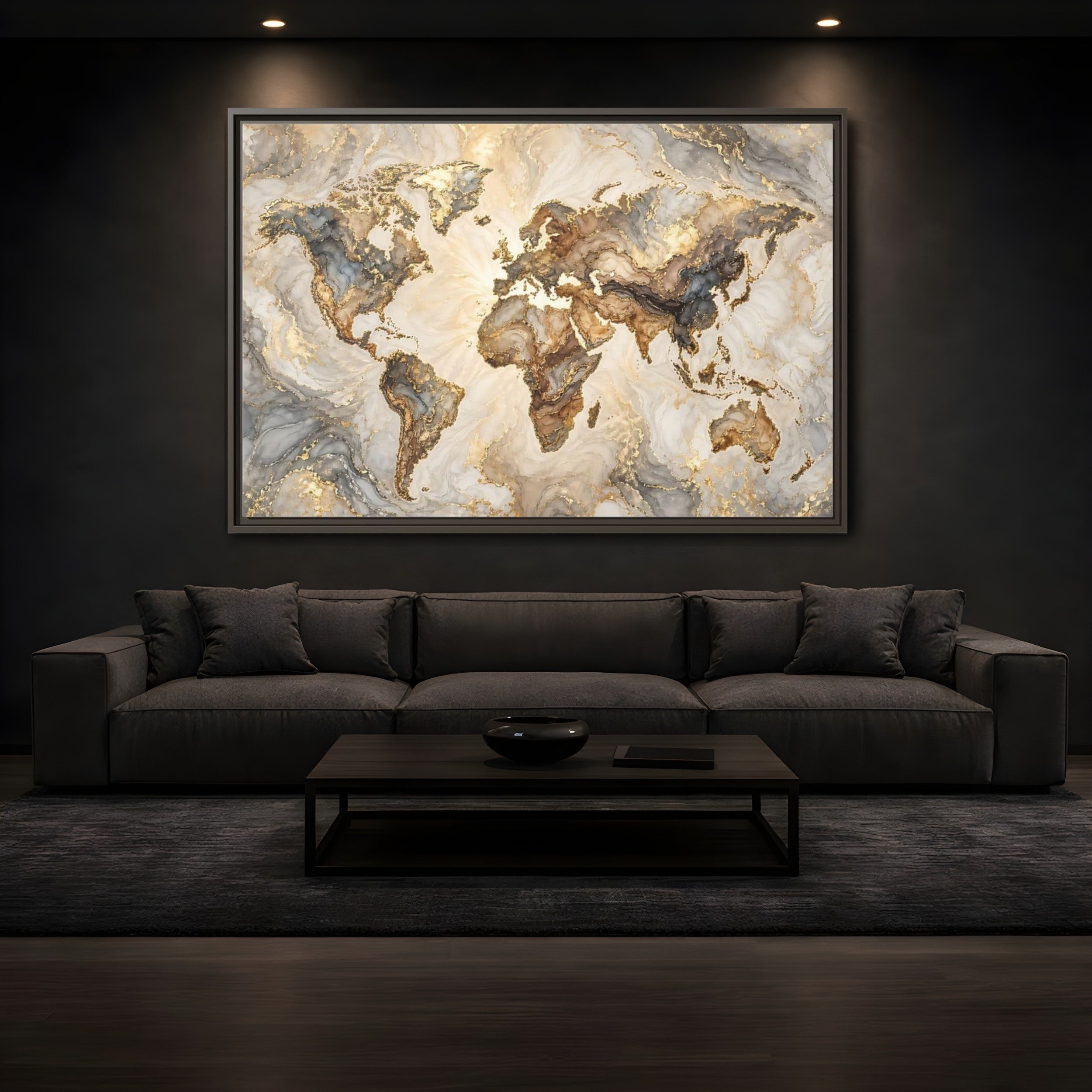 Mockup 3. Maps World Map Gold And Gray Map shown as stretched canvas wall art