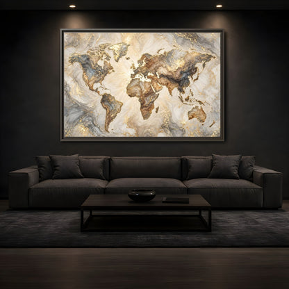Mockup 3. Maps World Map Gold And Gray Map shown as stretched canvas wall art