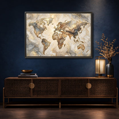 Mockup 4. Maps World Map Gold And Gray Map shown as stretched canvas wall art