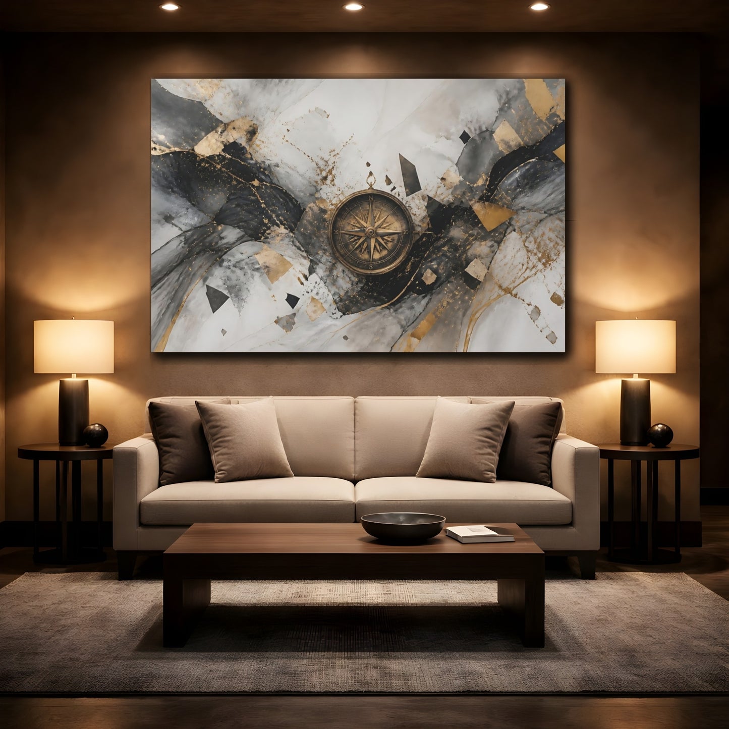 Mockup 2. Marble Compass With Gold shown as canvas print