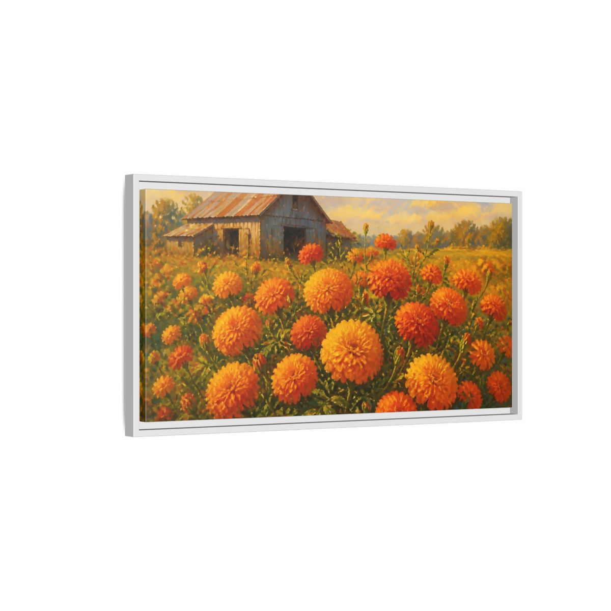 Side Mockup 1. Marigold Field And Barn shown as framed canvas print