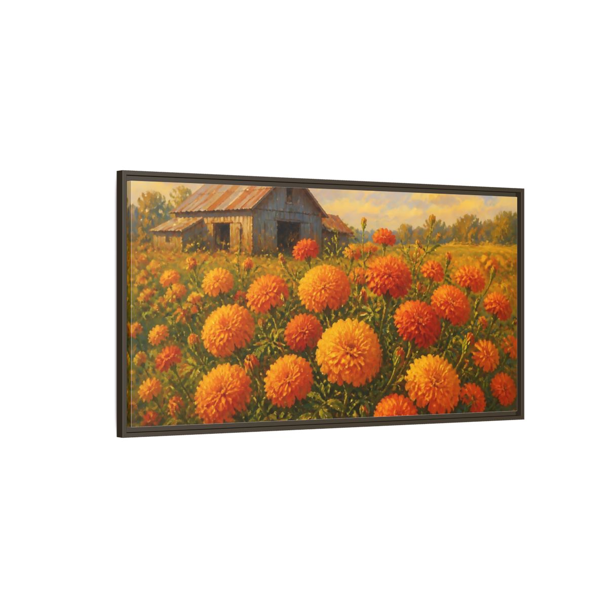 Side Mockup 4. Marigold Field And Barn shown as framed canvas print