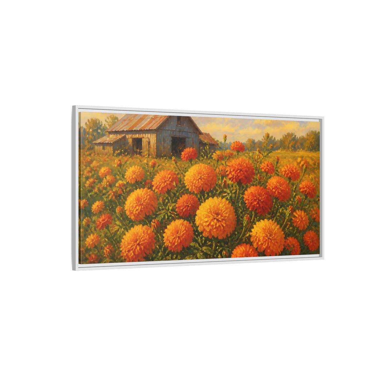 Side Mockup 3. Marigold Field And Barn shown as framed canvas print