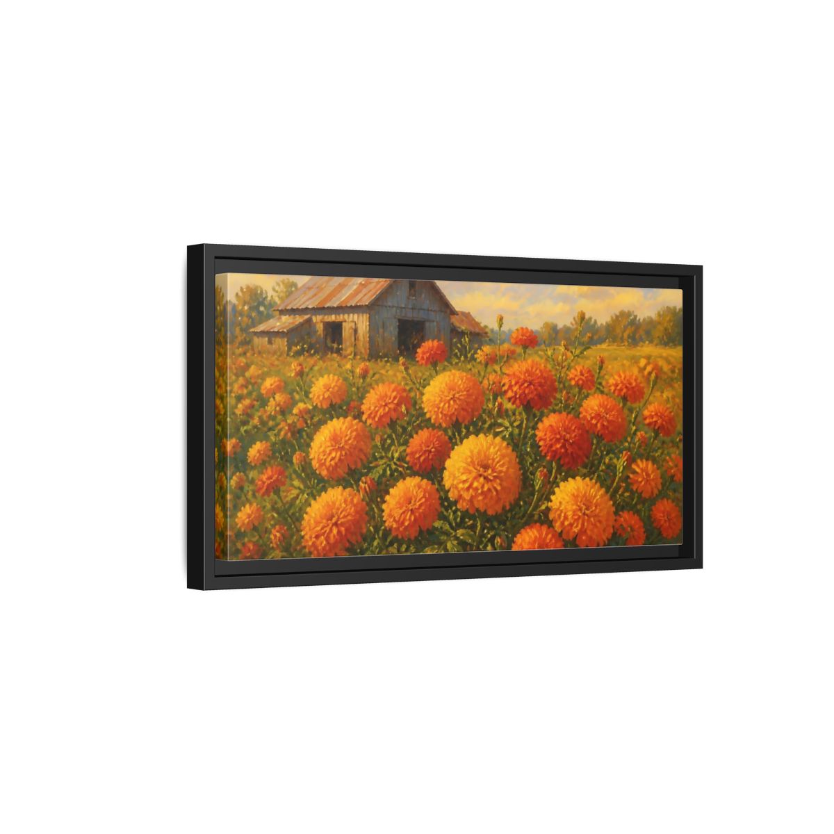 Side Mockup 8. Marigold Field And Barn shown as framed canvas print