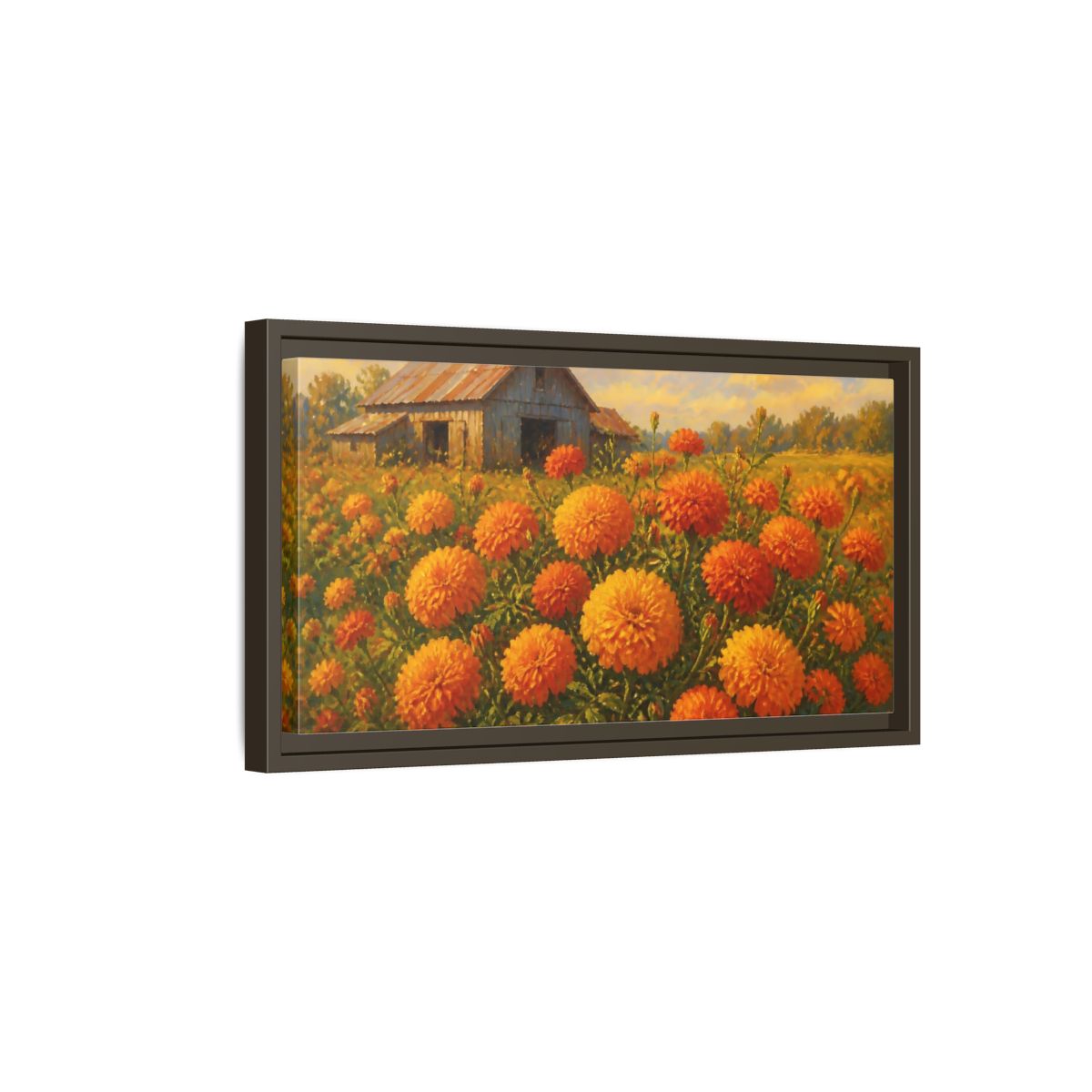 Side Mockup 7. Marigold Field And Barn shown as framed canvas print