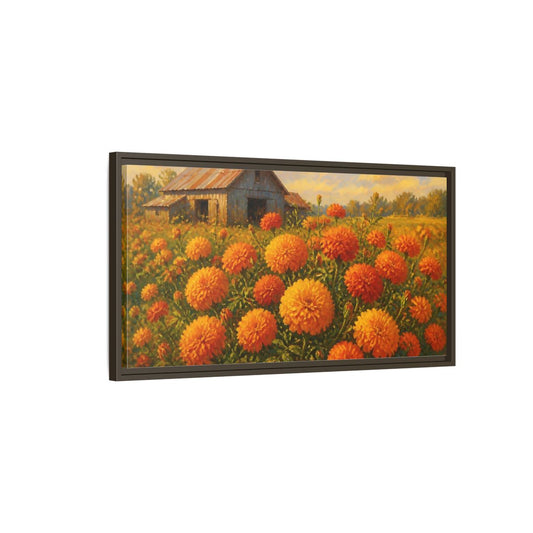 Main Mockup. Marigold Field And Barn shown as framed canvas print