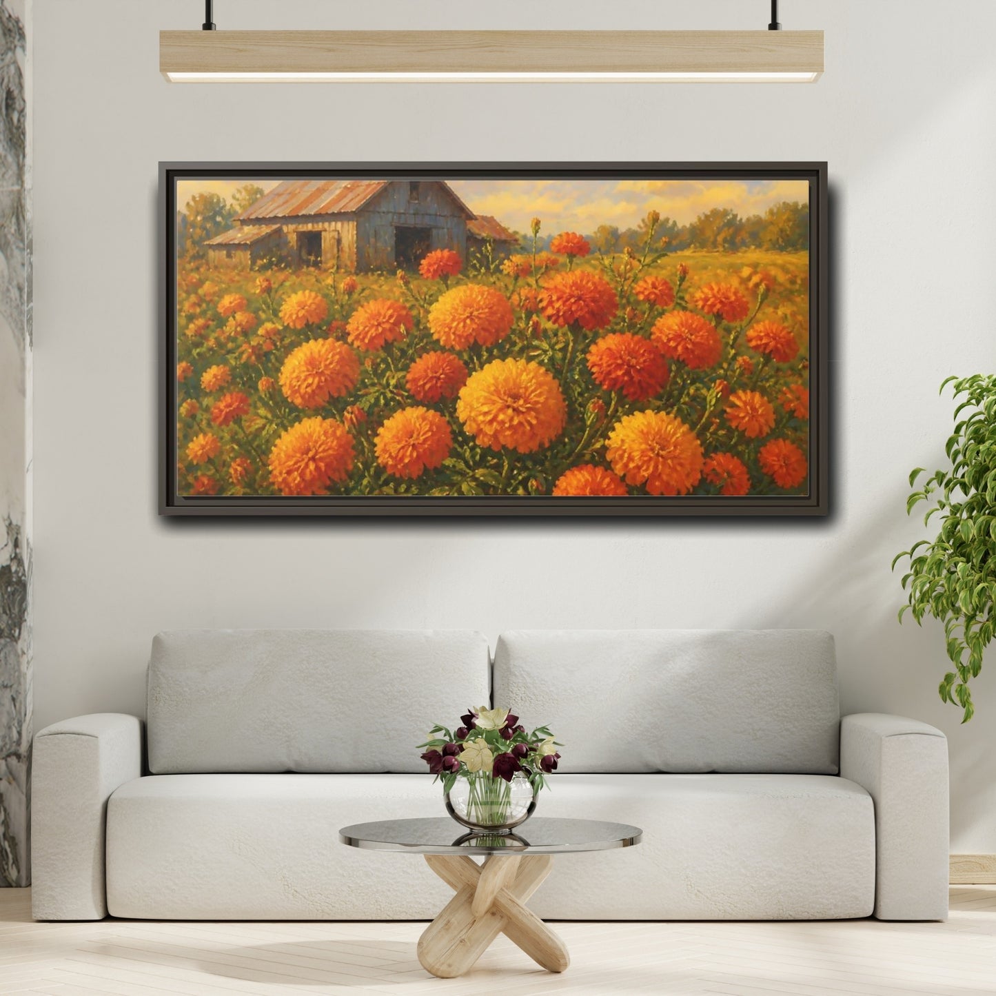 Mockup 2. Marigold Field And Barn shown as framed canvas print