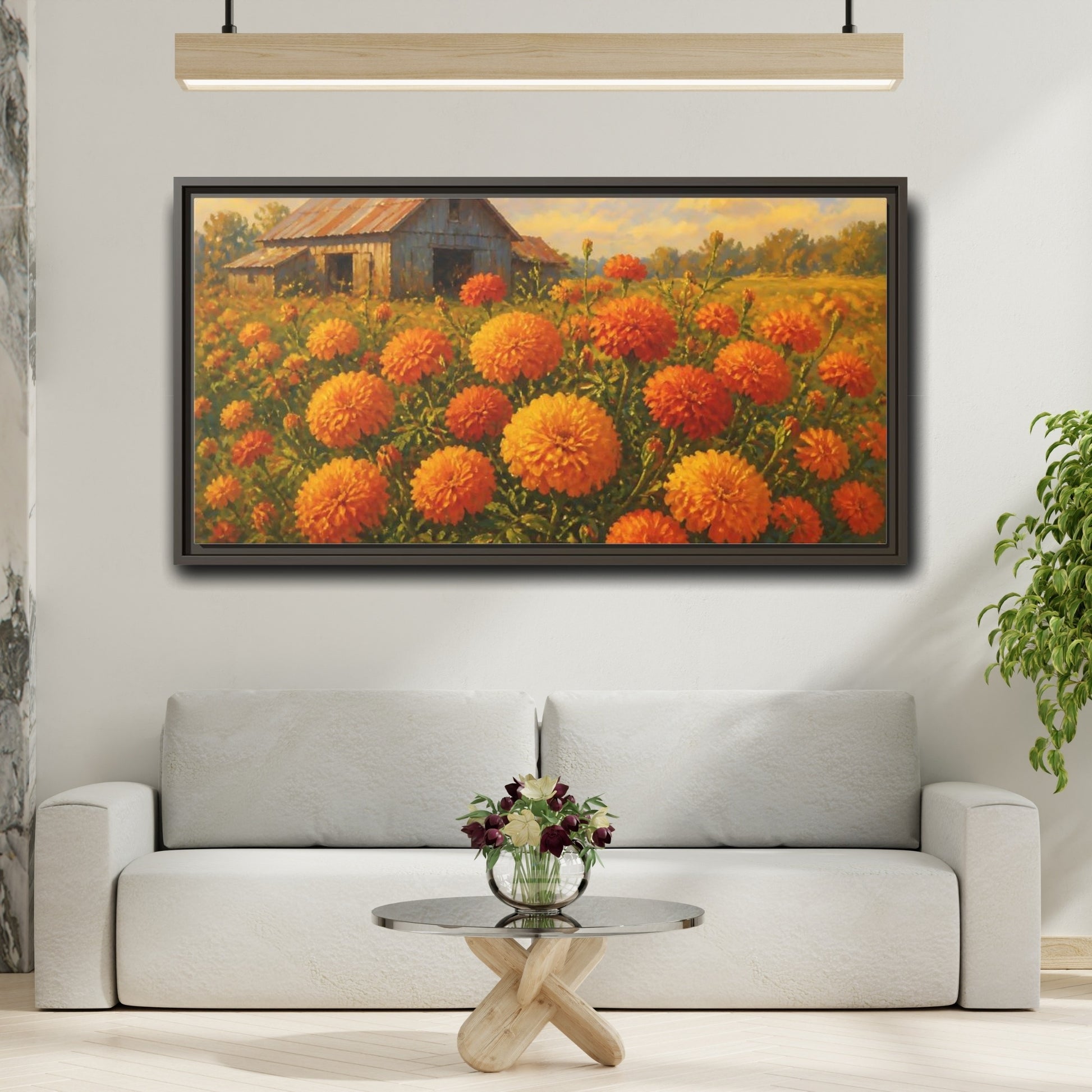 Mockup 2. Marigold Field And Barn shown as framed canvas print