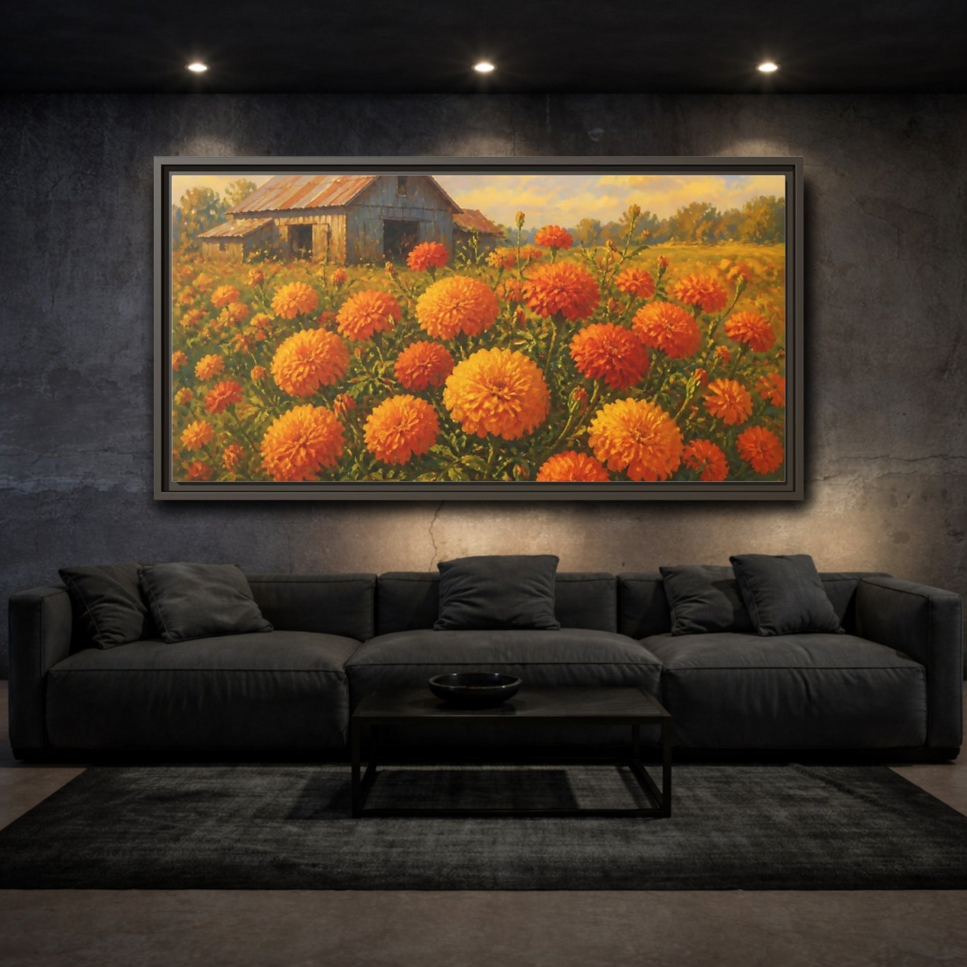 Mockup 3. Marigold Field And Barn shown as framed canvas print
