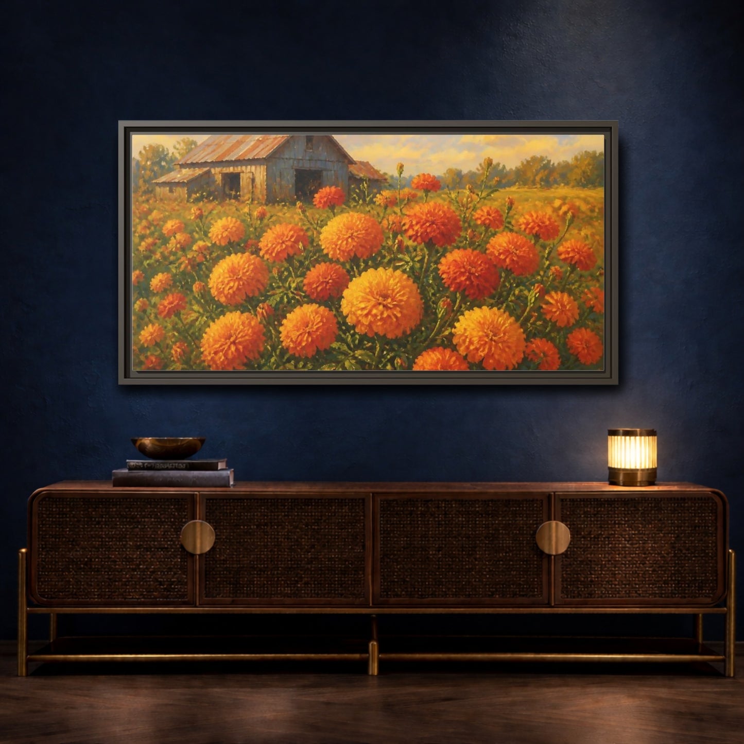 Mockup 4. Marigold Field And Barn shown as framed canvas print