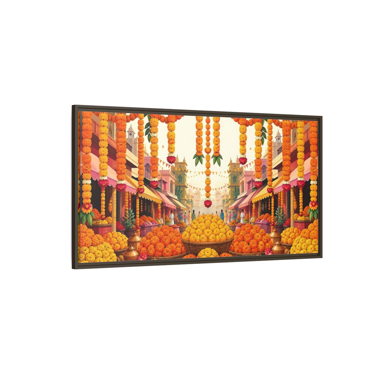 Side Mockup 4. Marigold Market Celebration shown as framed canvas print