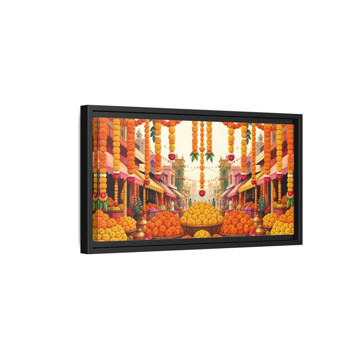 Side Mockup 8. Marigold Market Celebration shown as framed canvas print