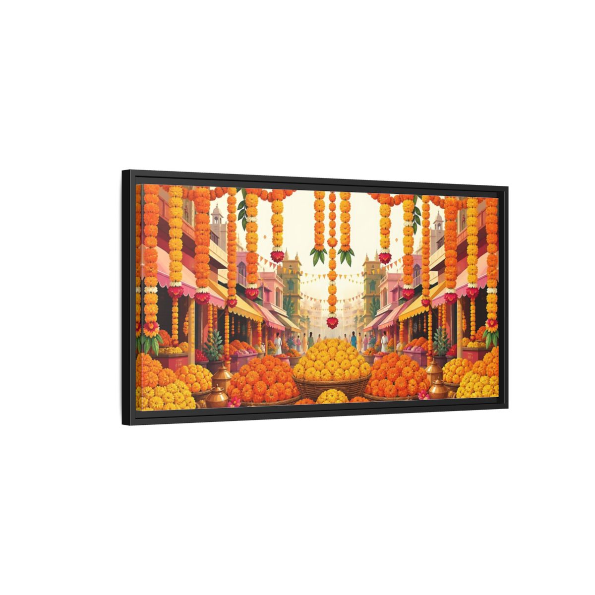 Side Mockup 2. Marigold Market Celebration shown as framed canvas print
