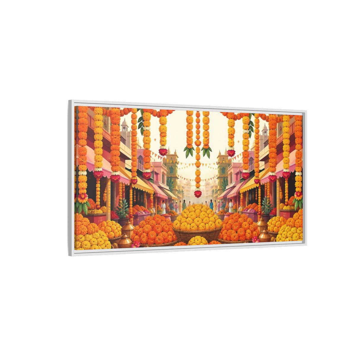 Side Mockup 3. Marigold Market Celebration shown as framed canvas print