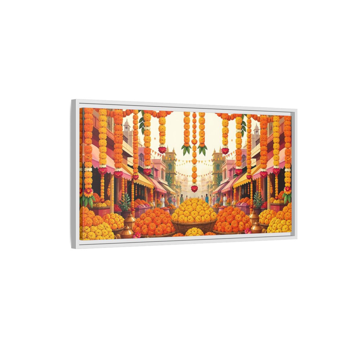 Side Mockup 1. Marigold Market Celebration shown as framed canvas print