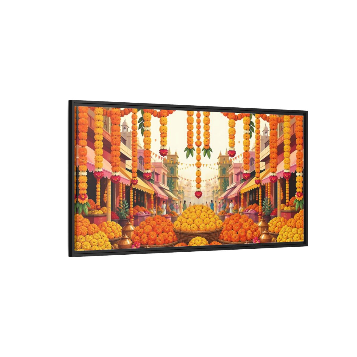 Side Mockup 5. Marigold Market Celebration shown as framed canvas print