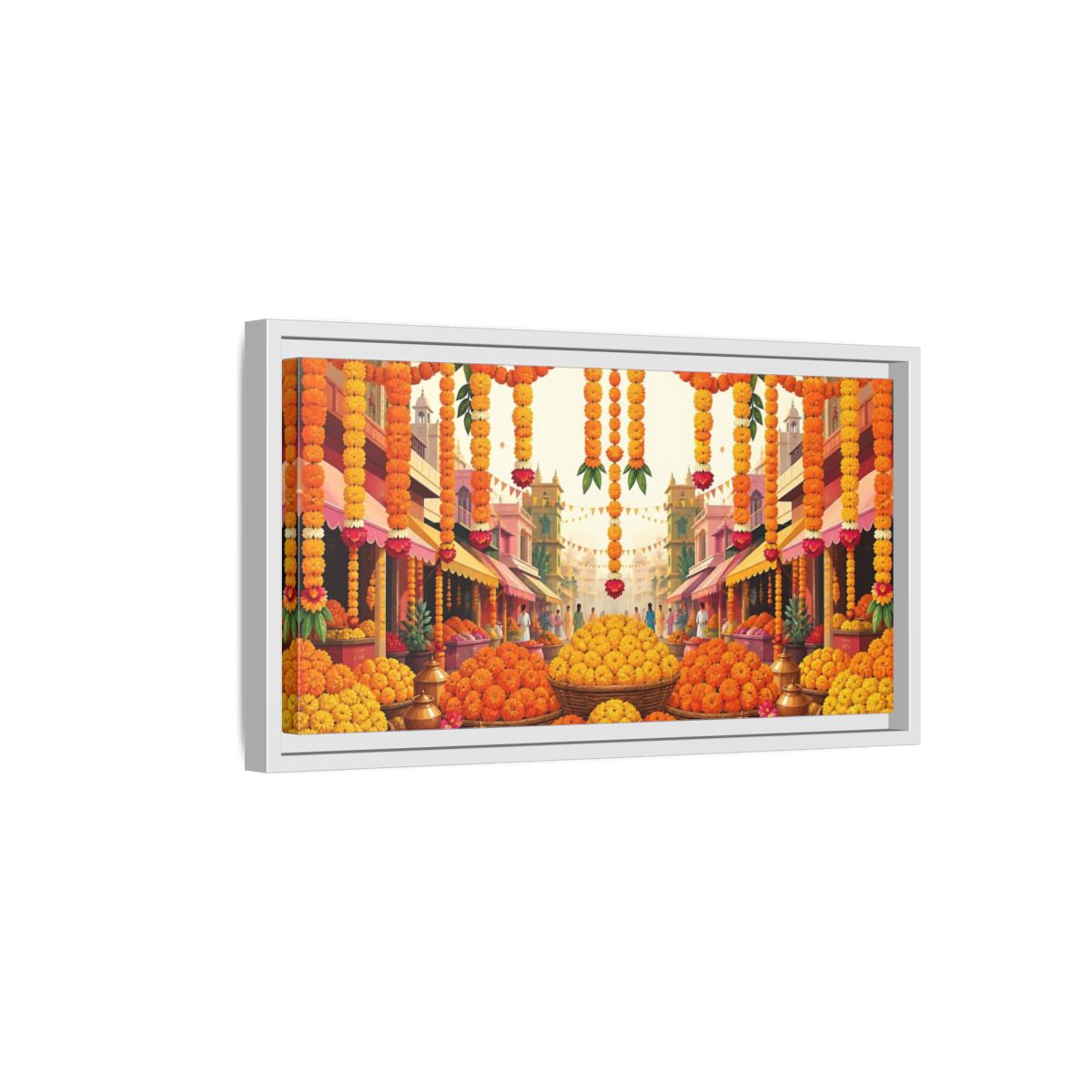 Side Mockup 6. Marigold Market Celebration shown as framed canvas print
