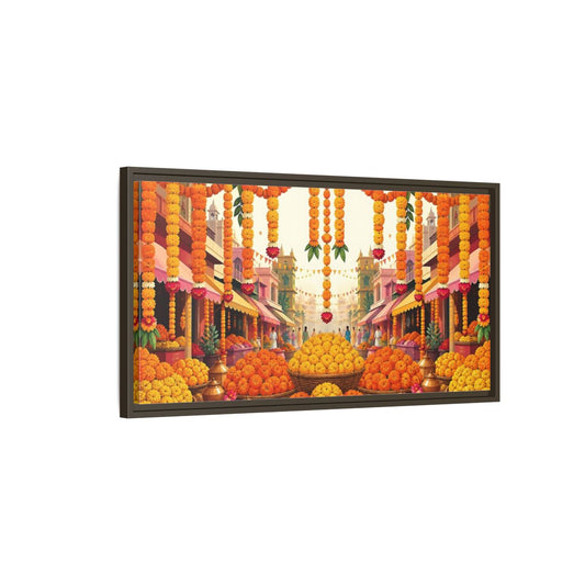 Main Mockup. Marigold Market Celebration shown as framed canvas print