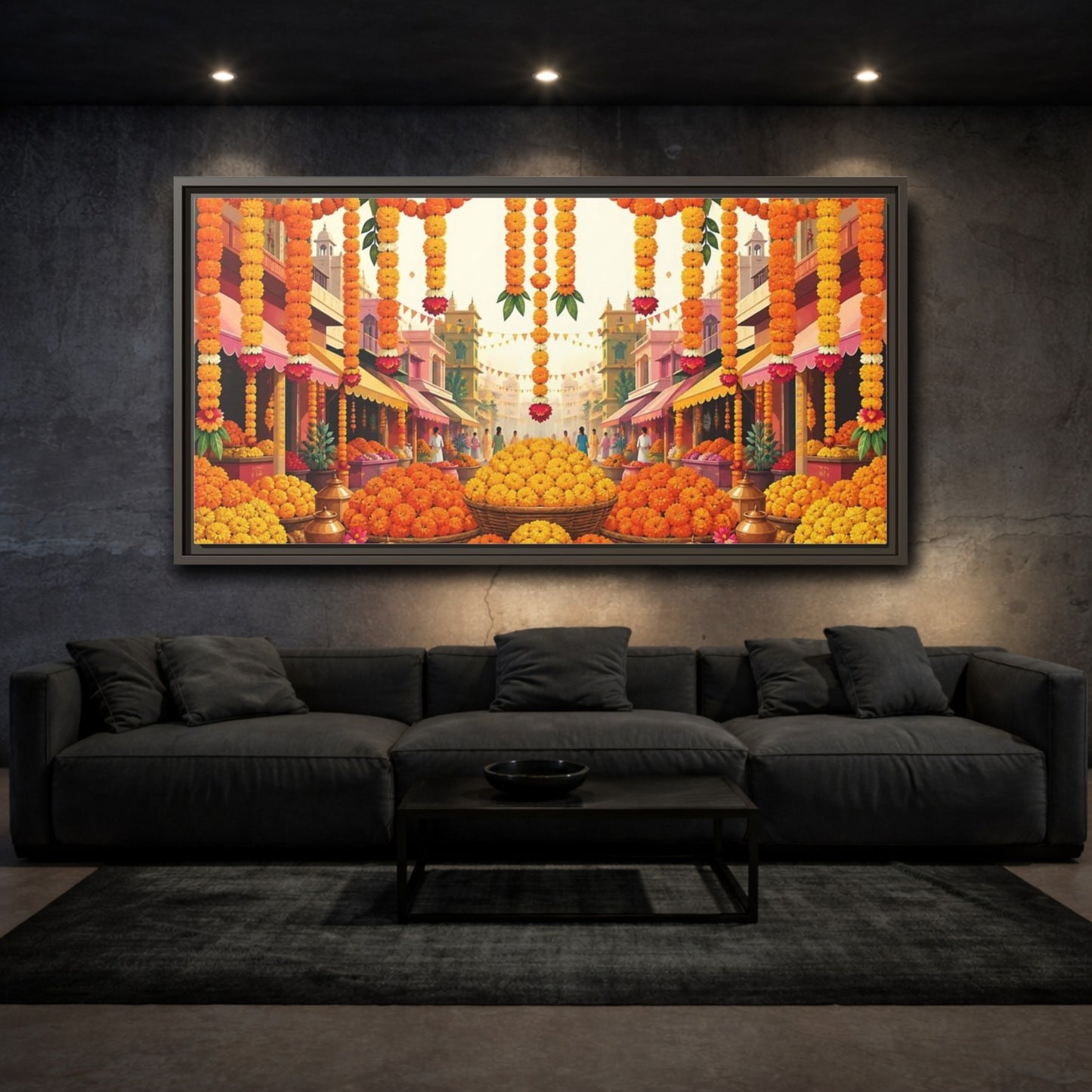 Mockup 3. Marigold Market Celebration shown as framed canvas print