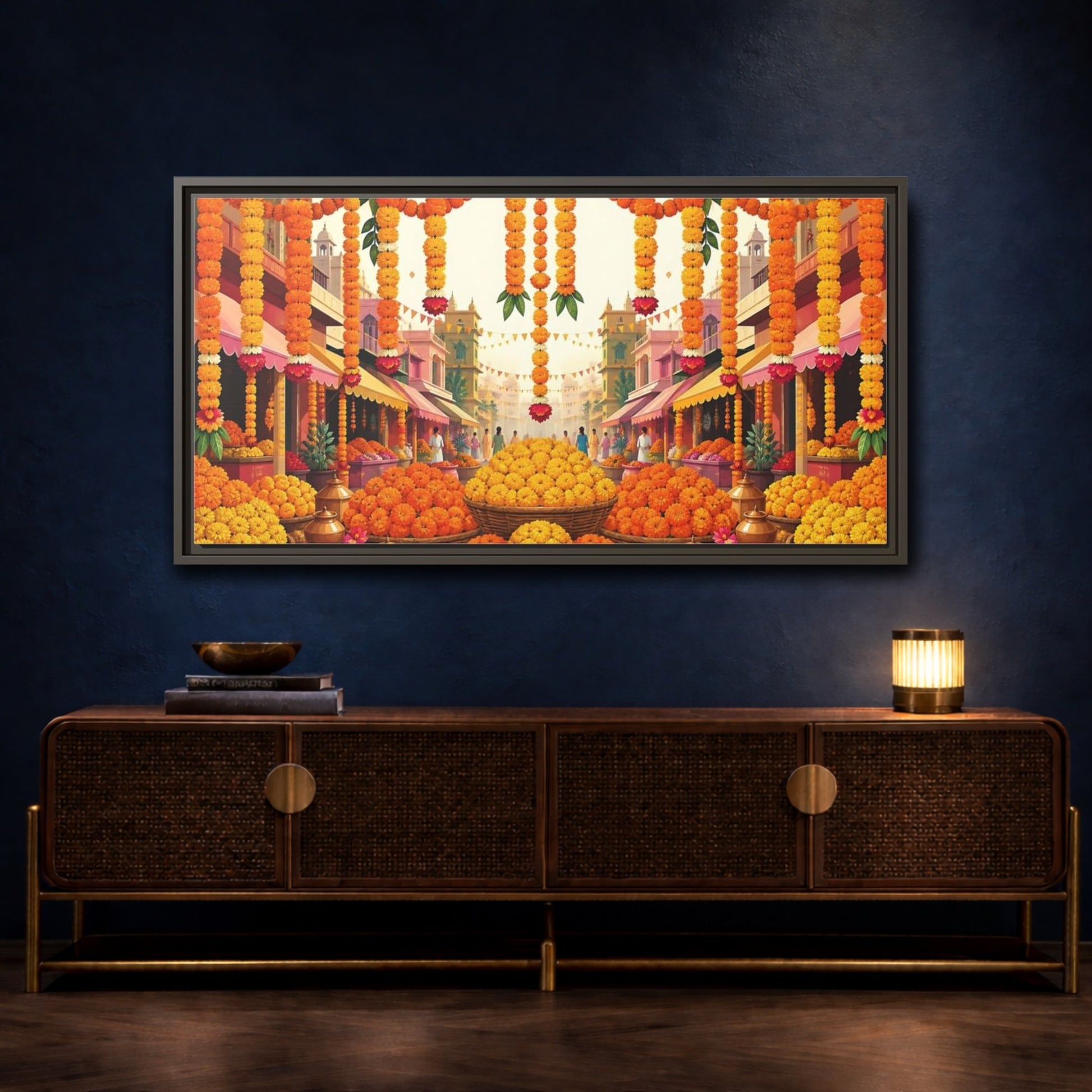 Mockup 4. Marigold Market Celebration shown as framed canvas print