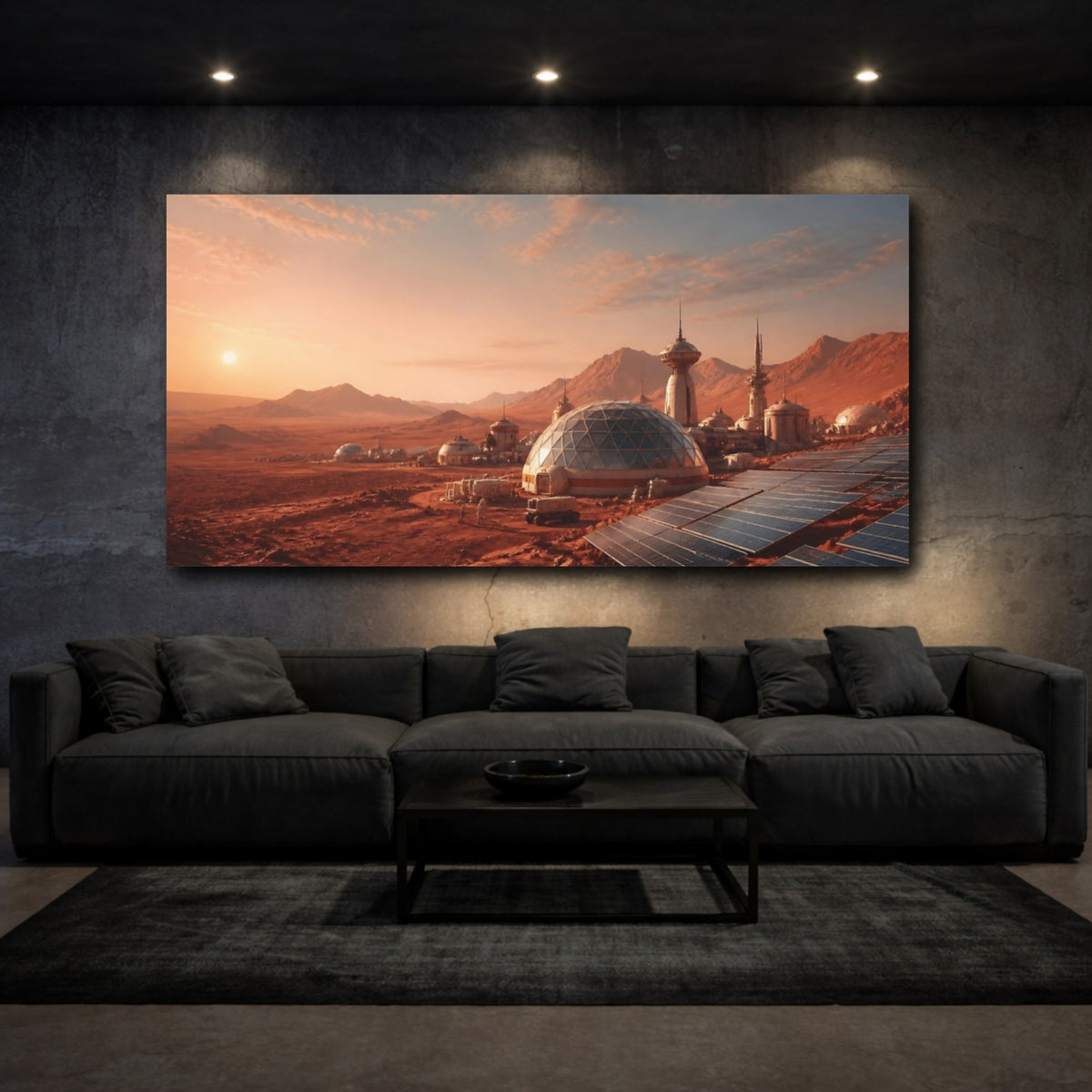 Mockup 3. Martian Habitat At Dawn shown as canvas print