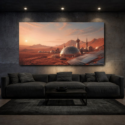 Mockup 3. Martian Habitat At Dawn shown as canvas print