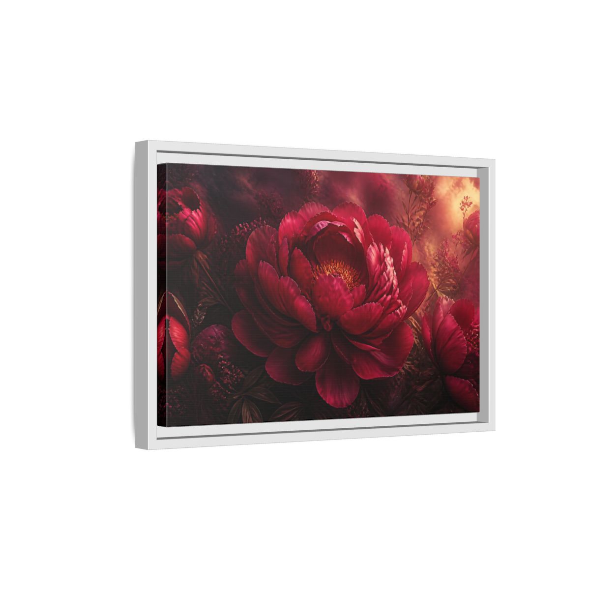 Side Mockup 4. Massive Ruby Peony shown as framed canvas print