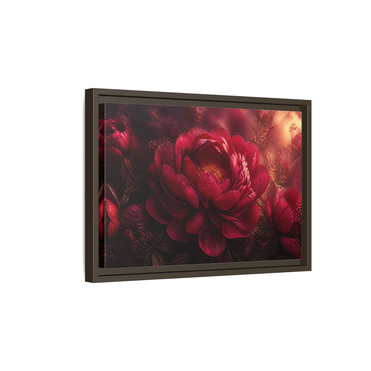 Side Mockup 5. Massive Ruby Peony shown as framed canvas print