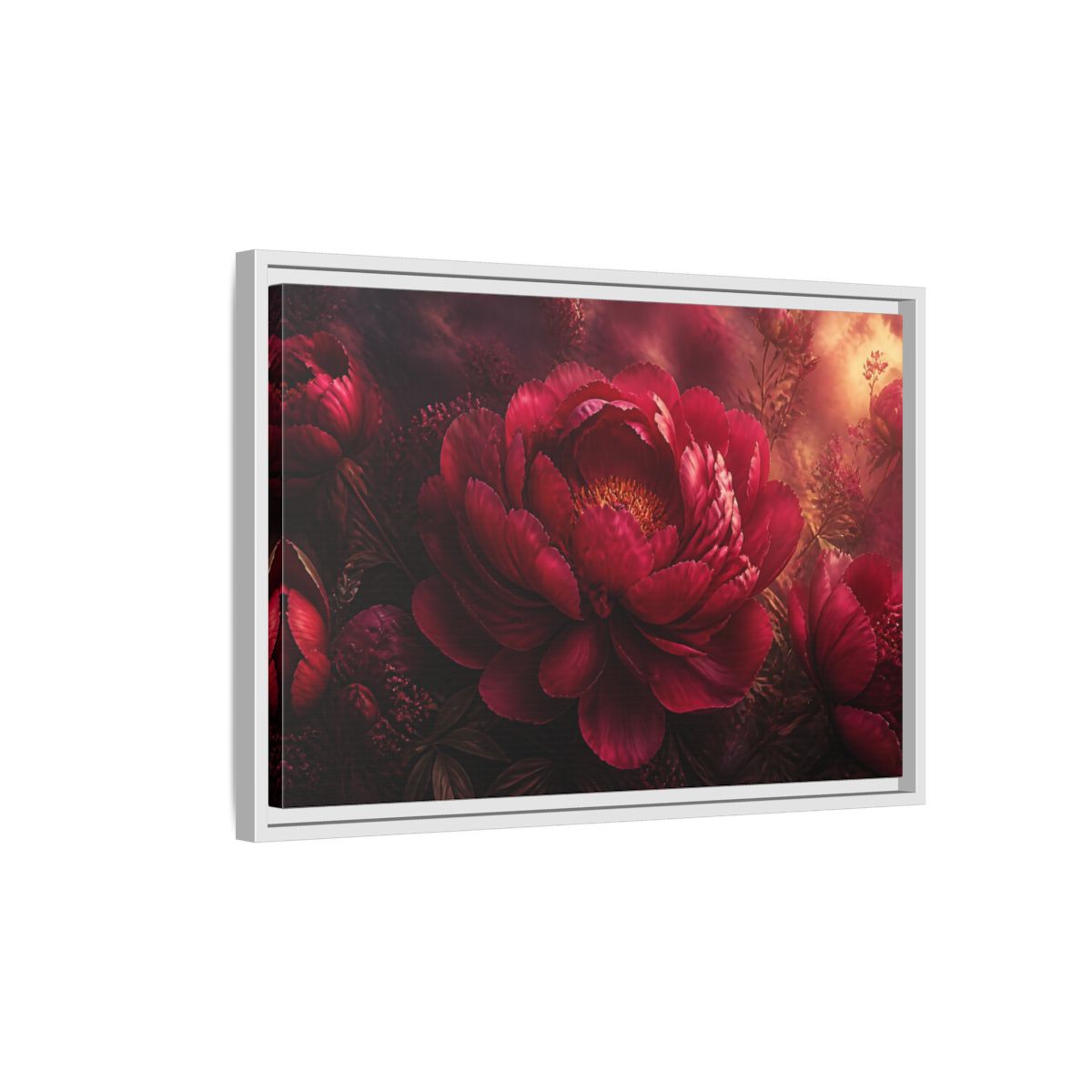 Side Mockup 1. Massive Ruby Peony shown as framed canvas print