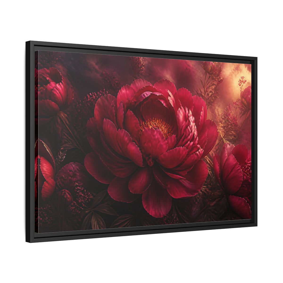 Side Mockup 14. Massive Ruby Peony shown as framed canvas print