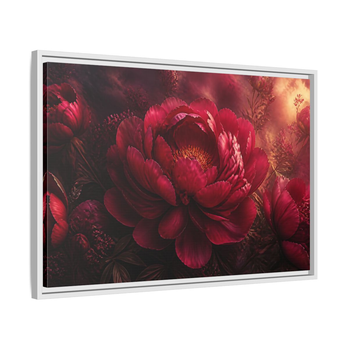 Side Mockup 10. Massive Ruby Peony shown as framed canvas print