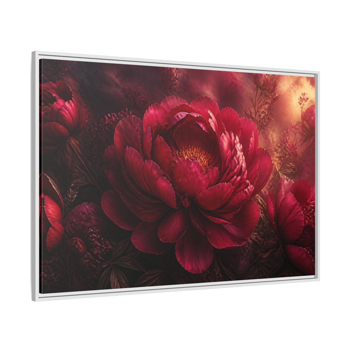 Side Mockup 7. Massive Ruby Peony shown as framed canvas print