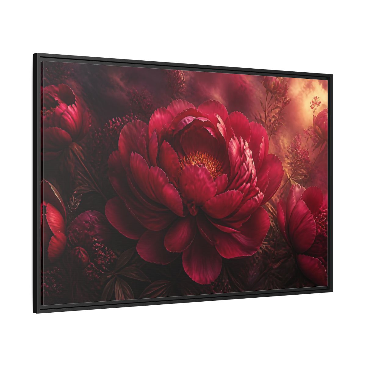Side Mockup 12. Massive Ruby Peony shown as framed canvas print