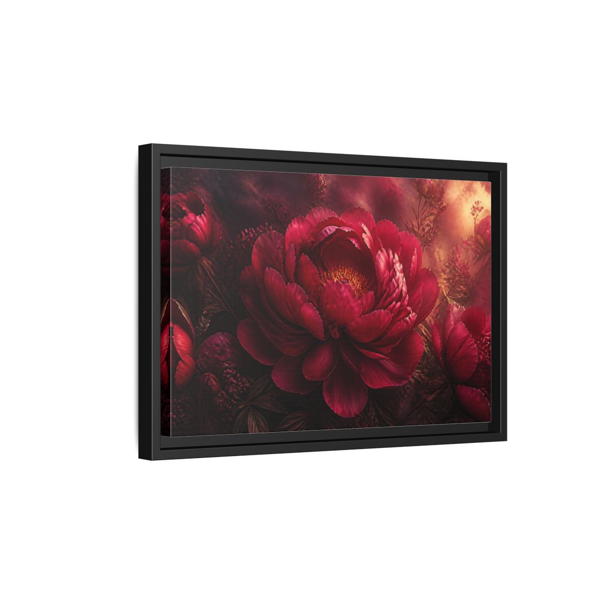 Side Mockup 6. Massive Ruby Peony shown as framed canvas print