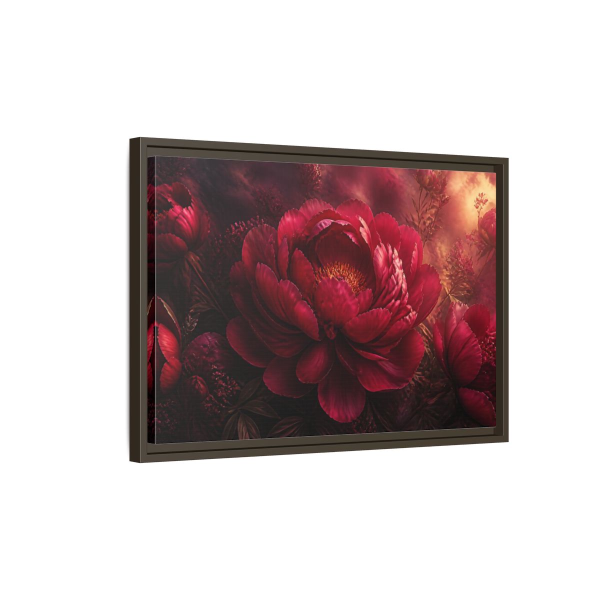 Side Mockup 2. Massive Ruby Peony shown as framed canvas print