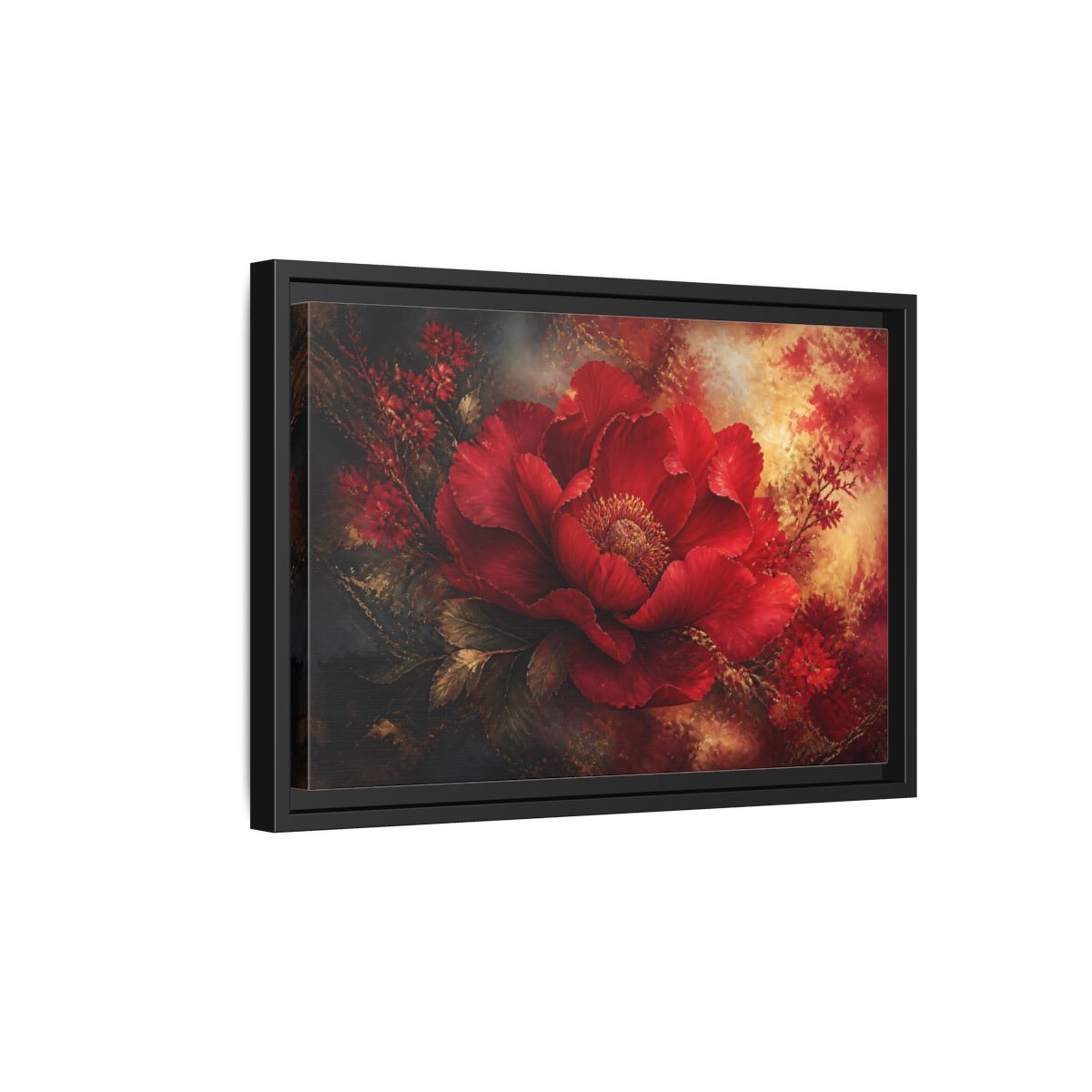 Side Mockup 6. Massive Ruby Peony shown as framed canvas print